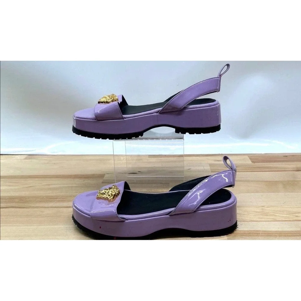 Versace Medusa Platform Sandals Kids Lilac Purple Good Patent Leather Gold 2-33